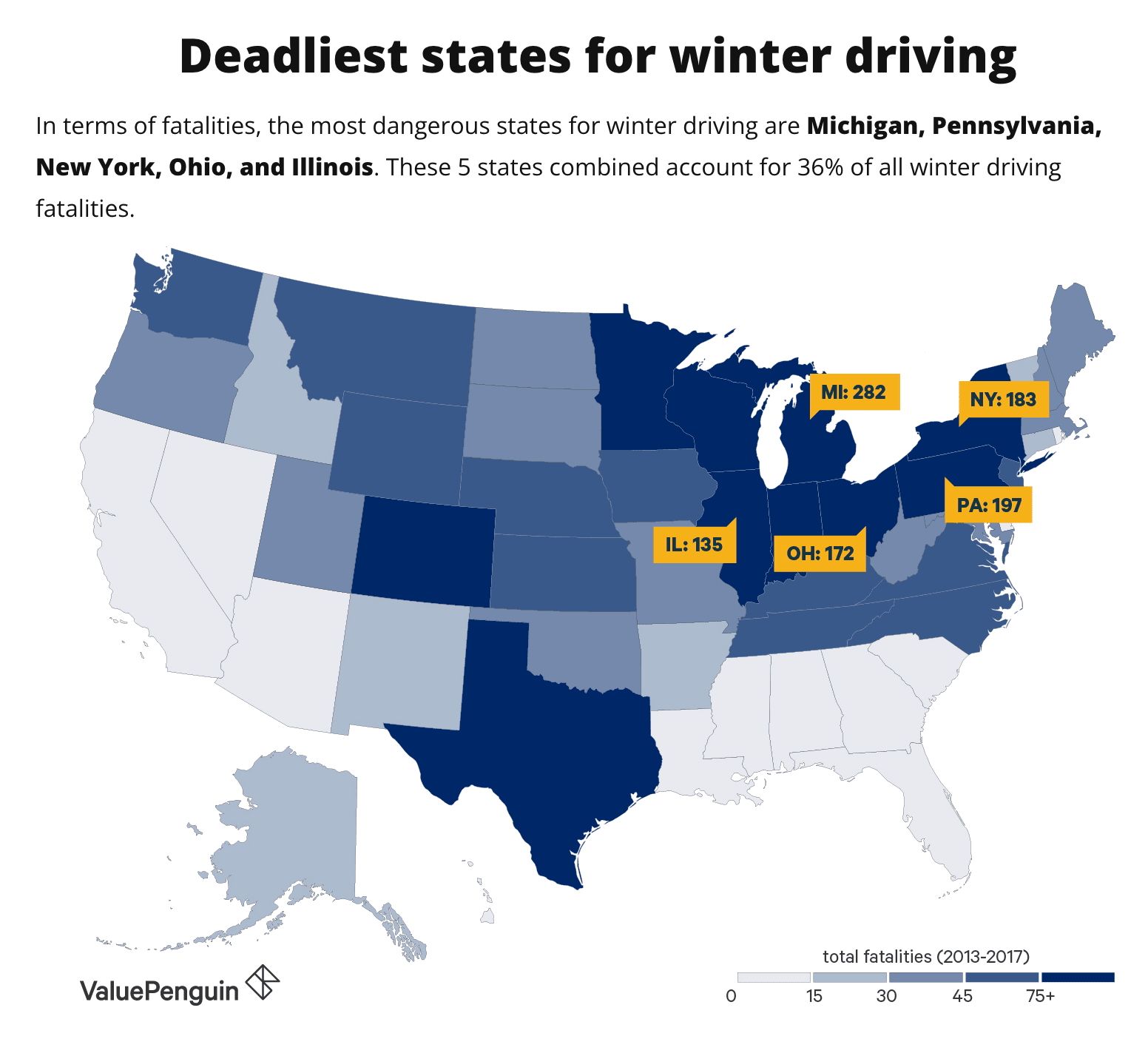 A heatmap from ValuePenguin showing the deadliest states for winter driving based on related fatalities per state.